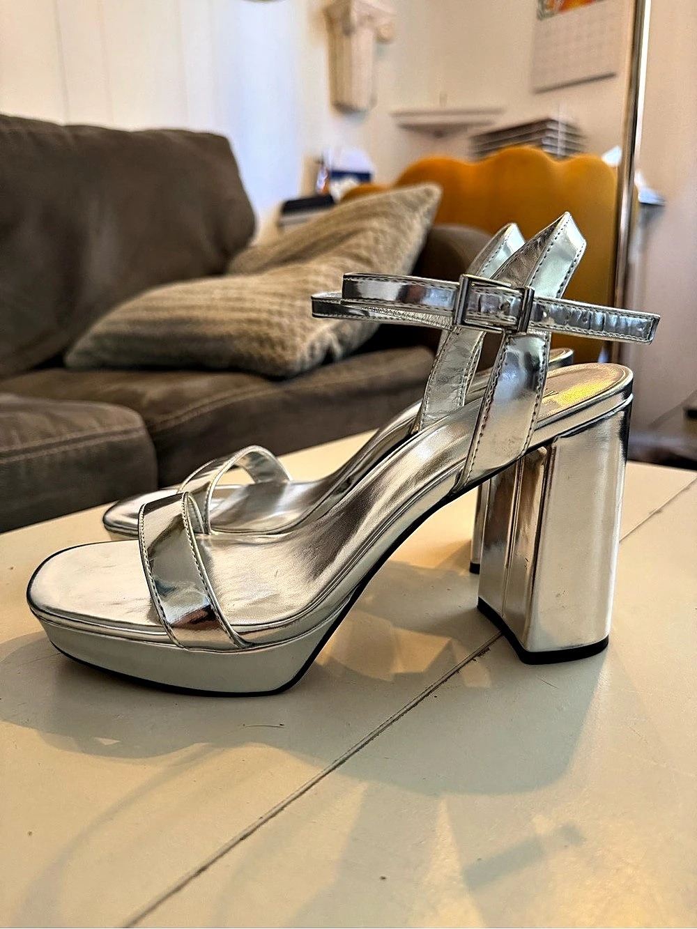 NEW!✨Mix No. 6 Metallic Silver Platform Block Heel Sandals Y2K Party Cocktail 6